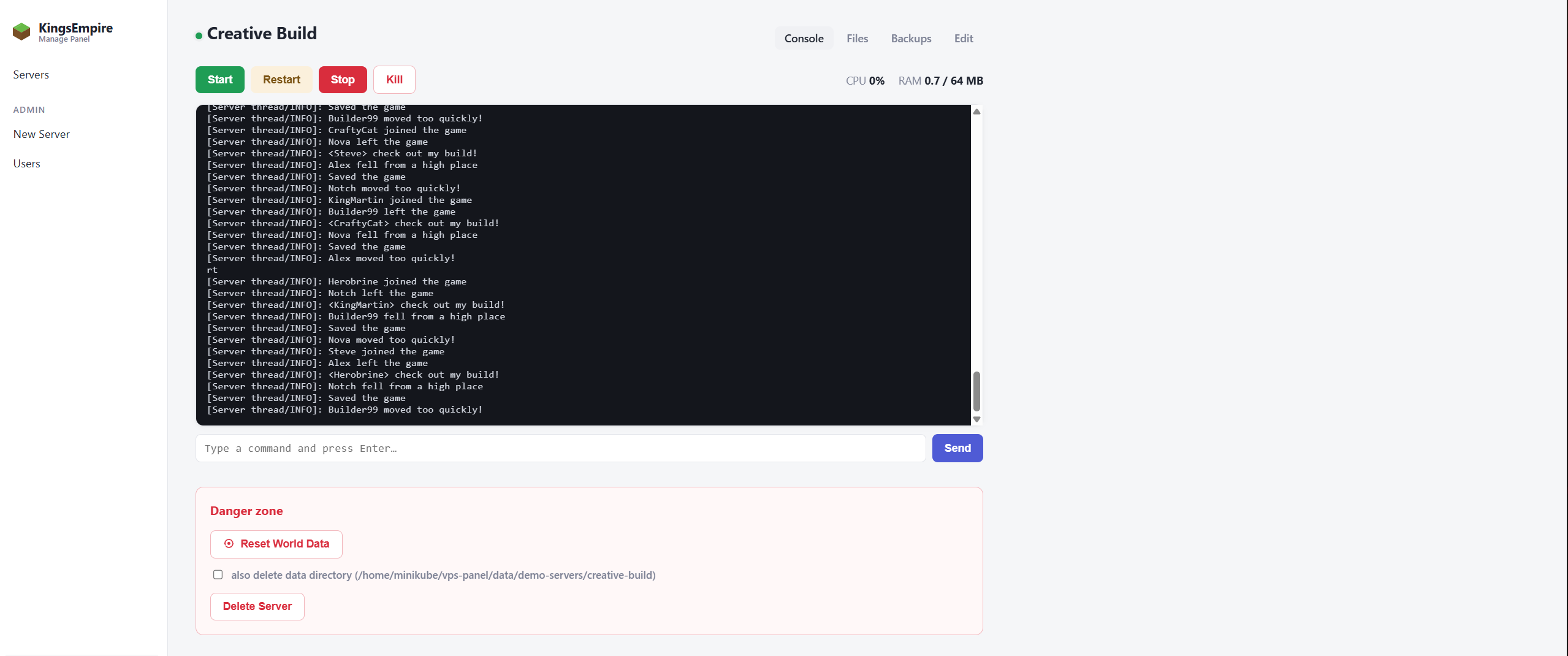 KingsEmpire Manage Panel — live console