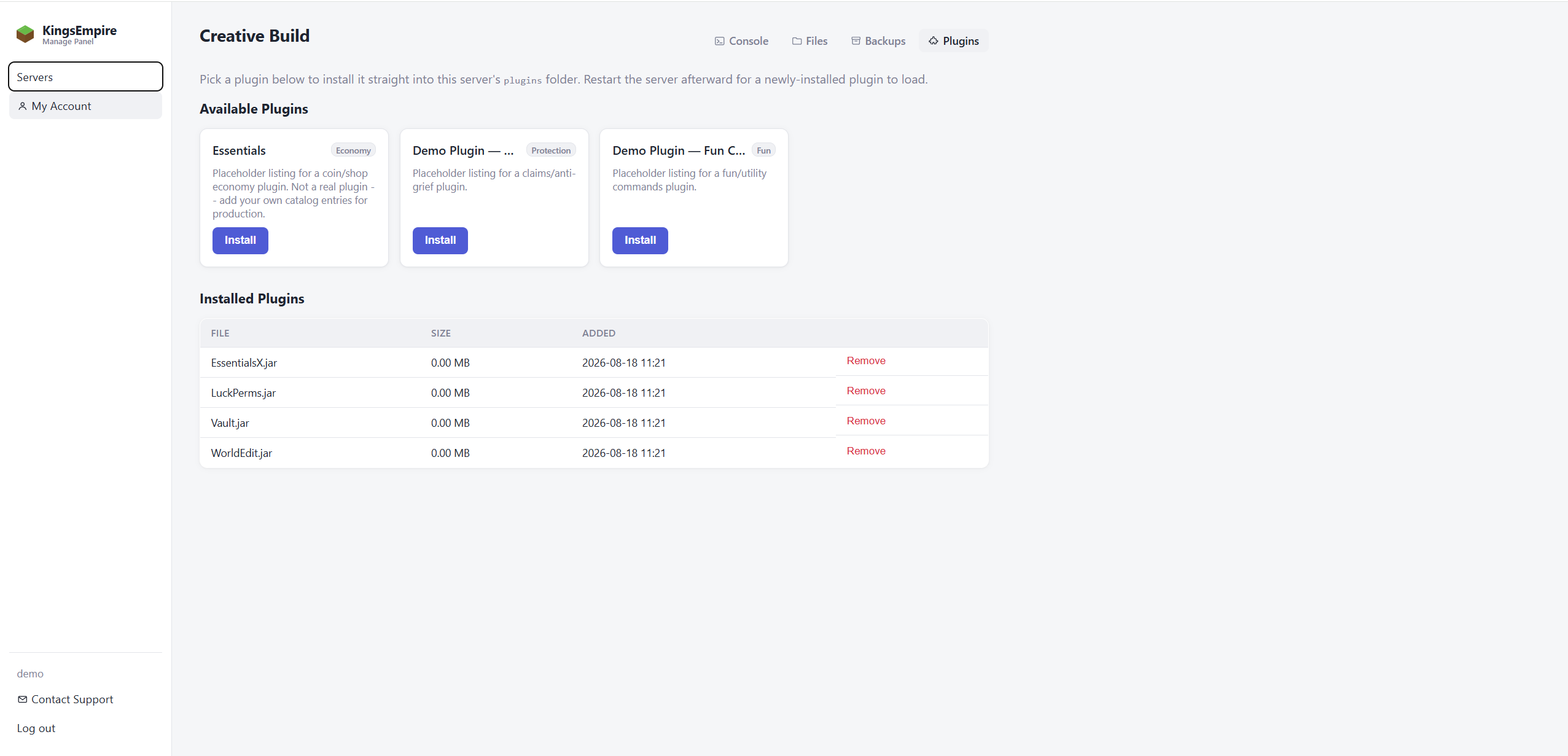 KingsEmpire Manage Panel — plugin manager